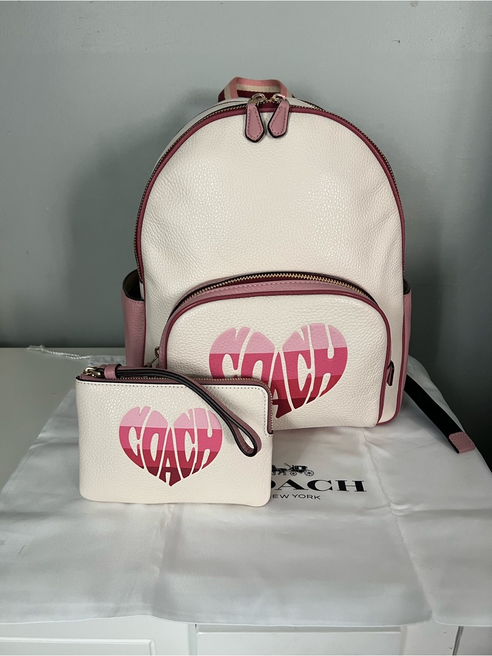 Coach Rare Court Stripe Heart Motif Backpack With Matching Wristlet